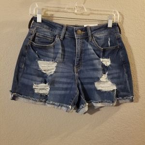 SO Juniors New High Rise Curvy Midi Blue  Jean Shorts Destroyed Size 9/29W NWT